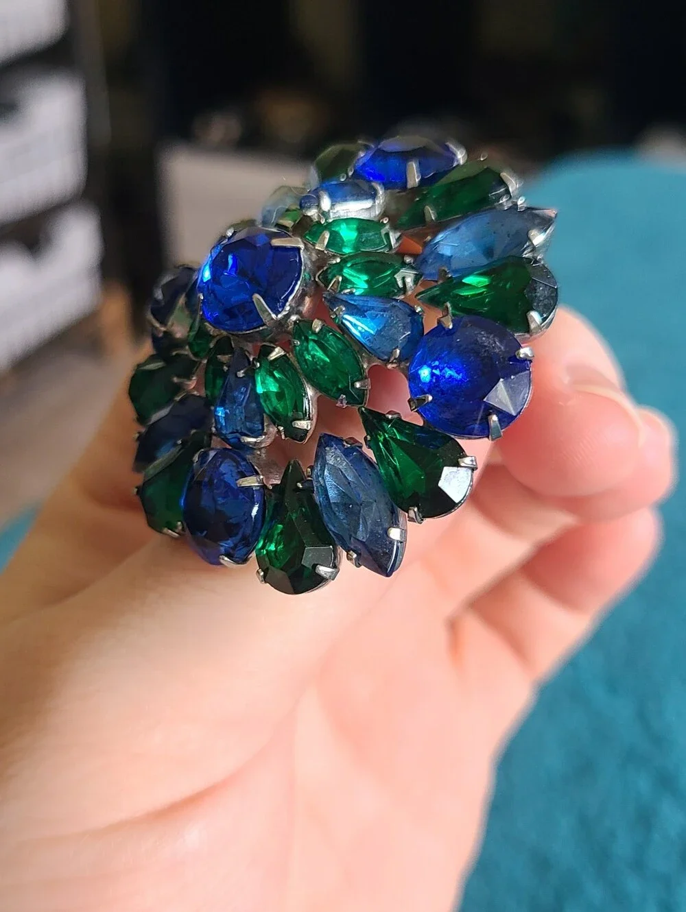 Vintage Blue and Green Crystal Floral Brooch - Women Jewelry